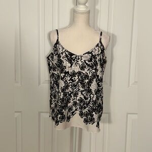 NWOT RETROD Women Cami Tank Top, Flowers Pattern, Black & White, Size Large